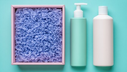 Fluffy towel in box, bottles, turquoise background