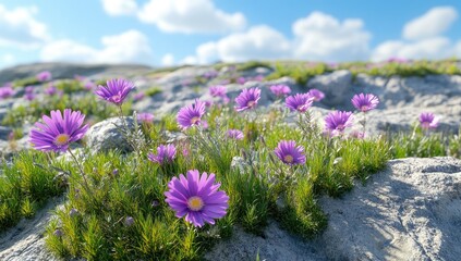 Daisies grow on rocky hill, blue sky, fluffy clouds blurred
