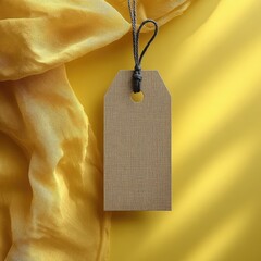 Tag on vibrant yellow silk fabric, blank for text