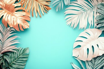 Painted leaves frame bright teal background