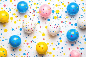Colorful balls with paint splatters on white background