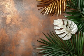Tropical leaves artfully arranged on mottled brown background