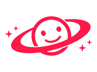 A Vibrant Red Logo Featuring a Cartoon Planet with a Happy Face and Circling Rings, Symbolizing Fun Technology