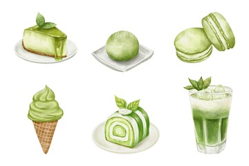 Matcha dessert watercolor set on white background. Watercolor of cake, mochi, macaron, roll cake, ice cream cone, and latte isolated. Sketch of matcha dessert. Watercolor of dessert matcha flavor