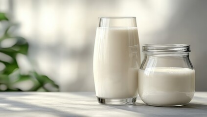 Creamy milk in glass, jar, sunlight. Organic still life