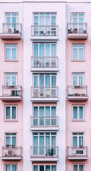 Building facade aligned windows & balconies, pink/white