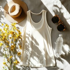 Summer essentials tank, hat, flowers, shades, water