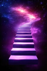 Stairway ascends to a bright nebula in a purple cosmos