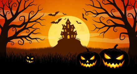 Spooky haunted house on a hill with jackolanterns and bats against a full moon and orange sky