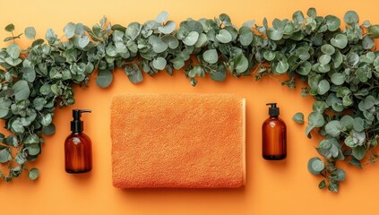 Spa setup towel, bottles, leafy green garland, orange backdrop