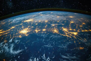 Earth lights shine brightly from space over ocean