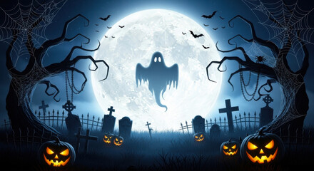 Eerie halloween graveyard scene with a ghostly apparition, jackolanterns, and silhouetted trees against a large full moon