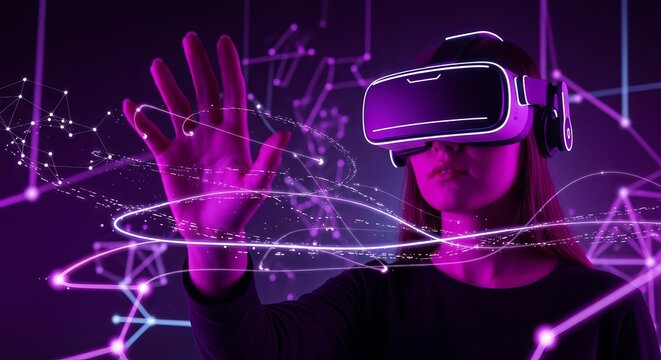 Person wearing vr headset with hand reaching into a digital network in a purple lit environment