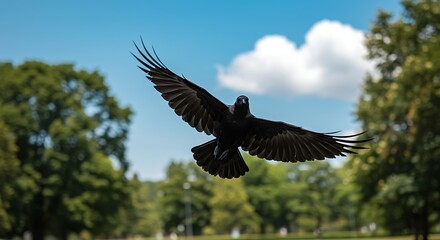 Obraz premium Majestic Flight: A Detailed Portrait of a Crow Soaring Through the Summer Sky
