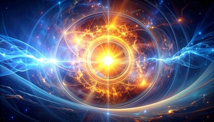 An artistic depiction of a celestial event, showcasing a vibrant central core of light radiating energy through cosmic patterns