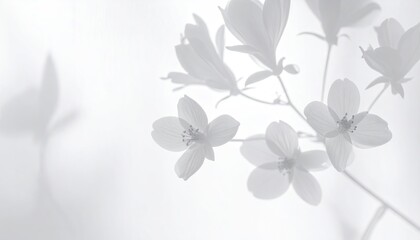 Delicate white cosmos flowers and their soft shadows dance on a pristine background