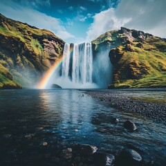 Majestic skogafoss waterfall in iceland with a vibrant rainbow, cascading down the lush green cliffs on a sunny day