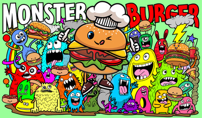Doodle cartoon illustration of a burger monster