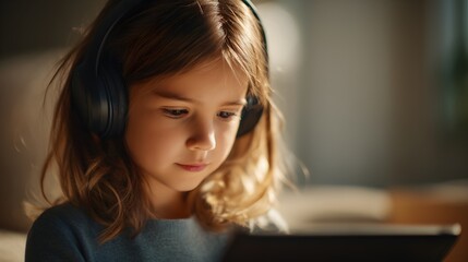 young child with tablet and headphones engaged in remote e-learning 