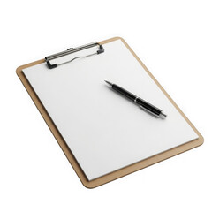 Clipboard with blank paper and pen on Transparent background