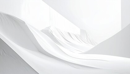 Abstract white fabric sculpture, mimicking mountain landscape within a minimalist space