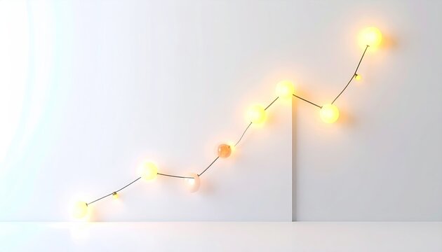 Lit bulbs connected by thin wire on a white surface, forming an upward trend line