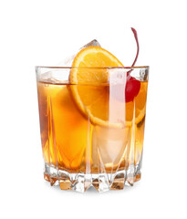 Glass of tasty Old Fashioned cocktail with cherry on white background