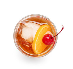Glass of tasty Old Fashioned cocktail garnished with cherry on white background