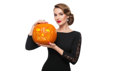 Elegant woman holding a carved pumpkin isolated on a transparent background for a Halloween celebration