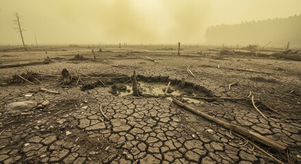Desolate Landscape of Cracked Earth and Dead Trees