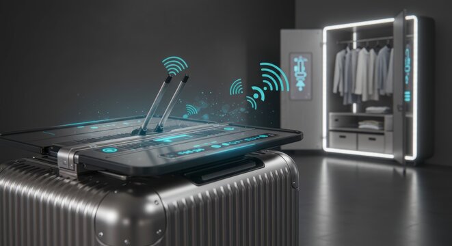 Futuristic travel and technology concept with luggage and smart wardrobe against a dark backdrop - Powered by Adobe