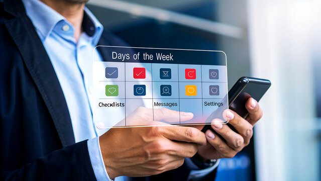 Confident businessman uses futuristic holographic interface on smartphone for daily planning and productivity - Powered by Adobe