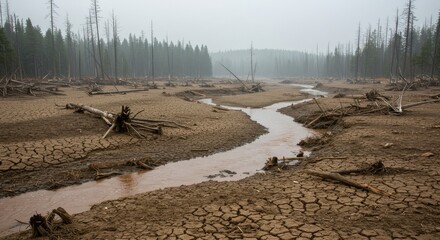Desolate Landscape with Cracked Earth and Dead Trees