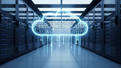Server Room with Data Center and Blue Cloud Digital Stream - Powered by Adobe