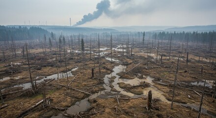 Desolate Landscape with Dead Trees and Industrial Smoke