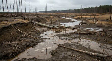 Desolate Landscape with Dead Trees and Polluted Waterway