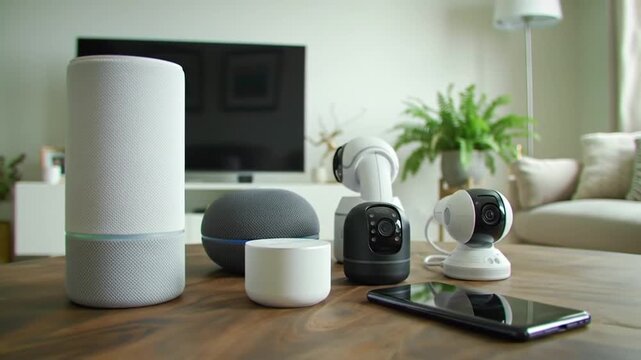 Smart Home Security System on Wood Table in Bright Living Room