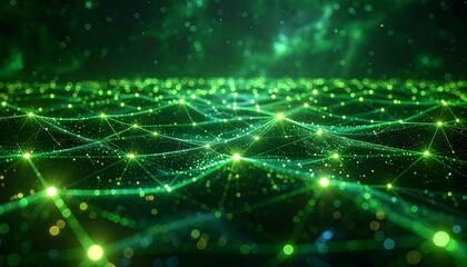 Abstract network of glowing green lines and particles