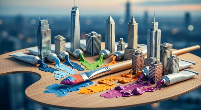 skyscraper miniatures growing from an artist's paint palette