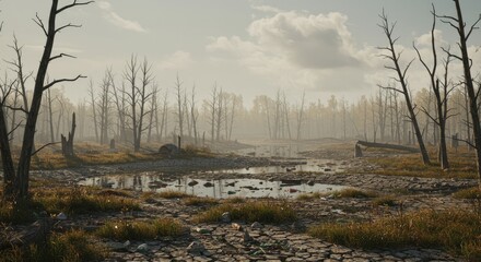 Desolate Wasteland with Polluted Water and Dead Trees