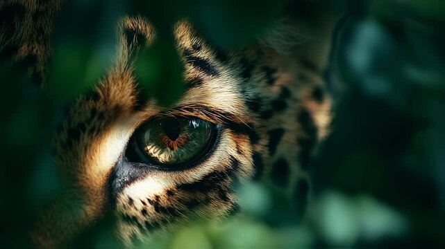 Intimate glimpse into the emerald eye of an ocelot peering through dense foliage