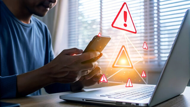 Man urgently checking smartphone with digital warning alerts appearing over laptop, emphasizing cybersecurity risks.