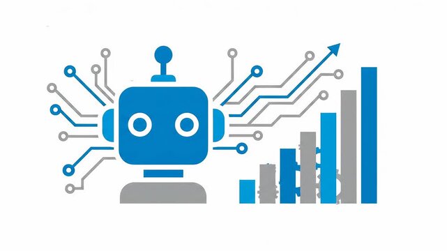 Flat Corporate AI Strategy Sequence: Robot Head Assembles, Circuits Link, Data Streams Feed a Rising Bar Chart with Subtle Gear Rhythm
