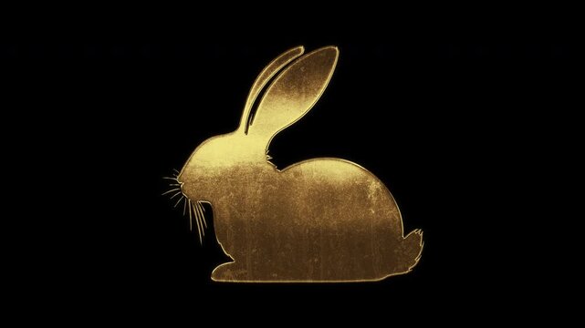 Rabbit with slightly reflected outlines on a gold foil-like surface, loop, alpha channel

