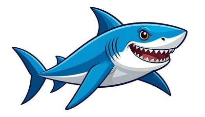 Obraz premium Cartoon illustration of a ferocious great white shark, depicted in blue and white. The shark smiles with teeth bared and is set against a white backdrop