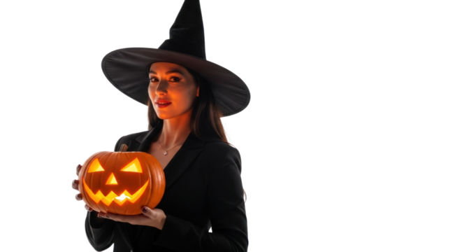 Young woman in a witch costume holding a glowing jack-o'-lantern isolated on a transparent background - Powered by Adobe