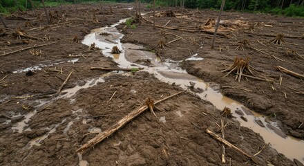 Devastated Forest Floor with Muddy Stream and Stumps