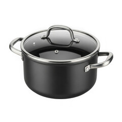 Modern black stock pot with clear glass lid and metal handles