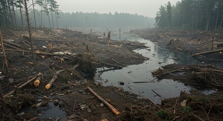 Devastated Forest Landscape After Deforestation and Logging