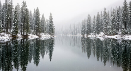 Obraz premium snow covered pine forest reflected in a still, misty mountain lake